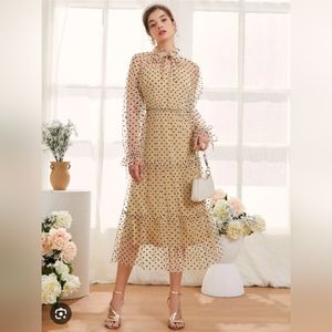 Tie Neck Mesh Polka Dot Dress Nude/Black with Lining